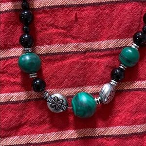 Hand Beaded Necklace - Green, Black & Silver 15”